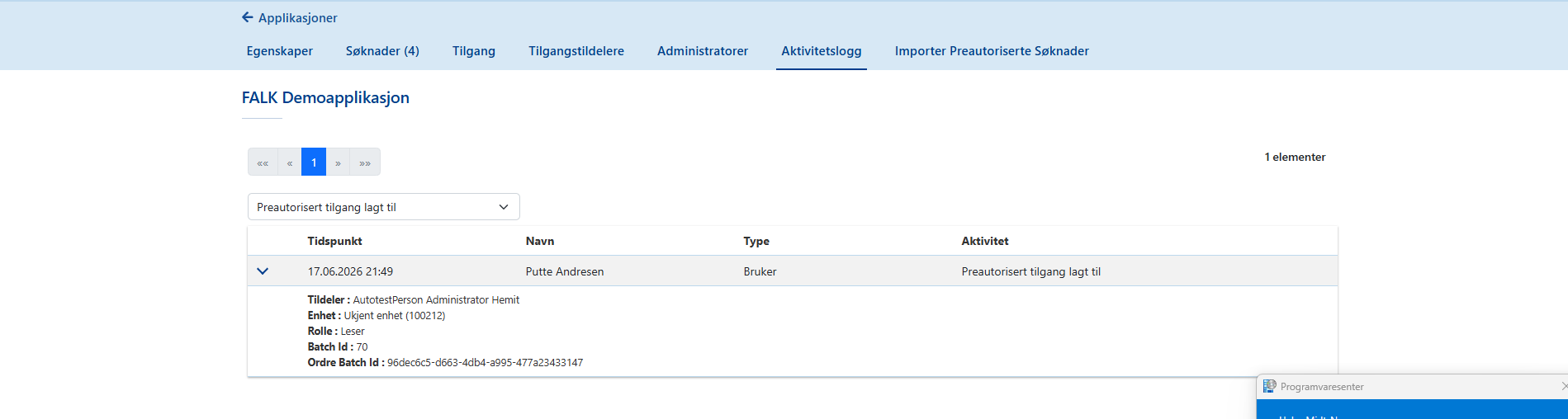 Aktivitetslogg som viser Preautorisert tilgang som har blitt lagt til via import.